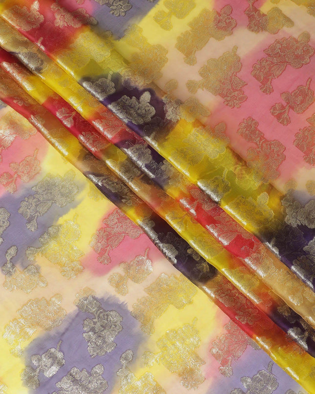 قماش شيفون حريري فرنسي (فرنساوي) فاخر متعدد الألوان مع لوركس معدني ذهبي بتصميم زهور-D14006