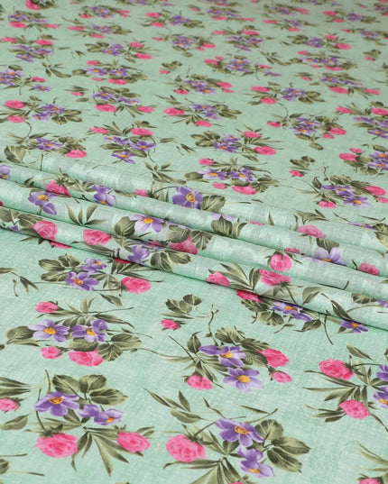 Tea green cotton voile fabric with same tone jacquard having purple, hot pink and olive green print in floral design-D6311 Regal Fabrics