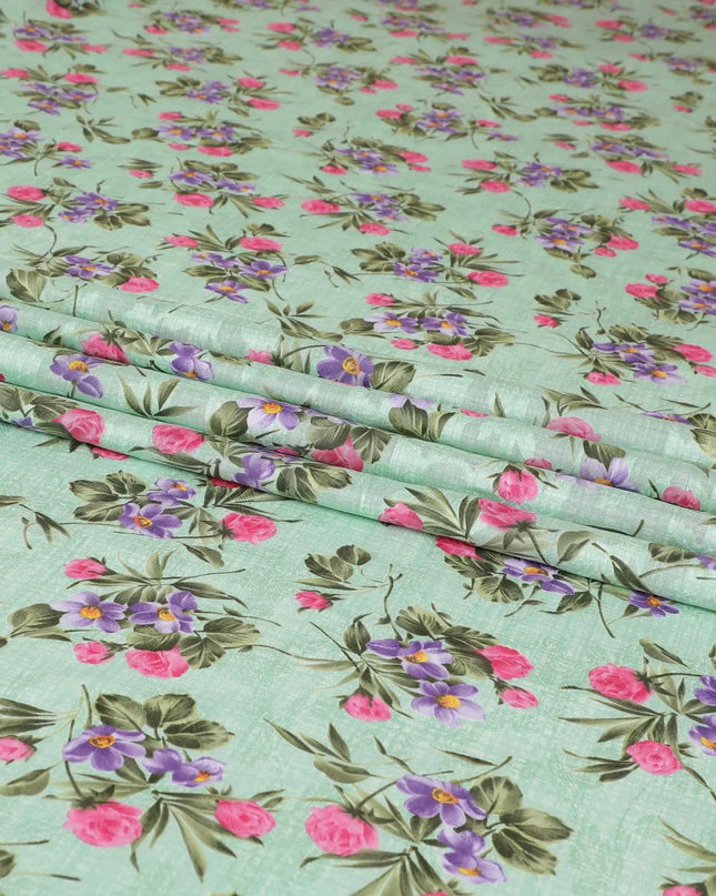 Tea green cotton voile fabric with same tone jacquard having purple, hot pink and olive green print in floral design-D6311 Regal Fabrics