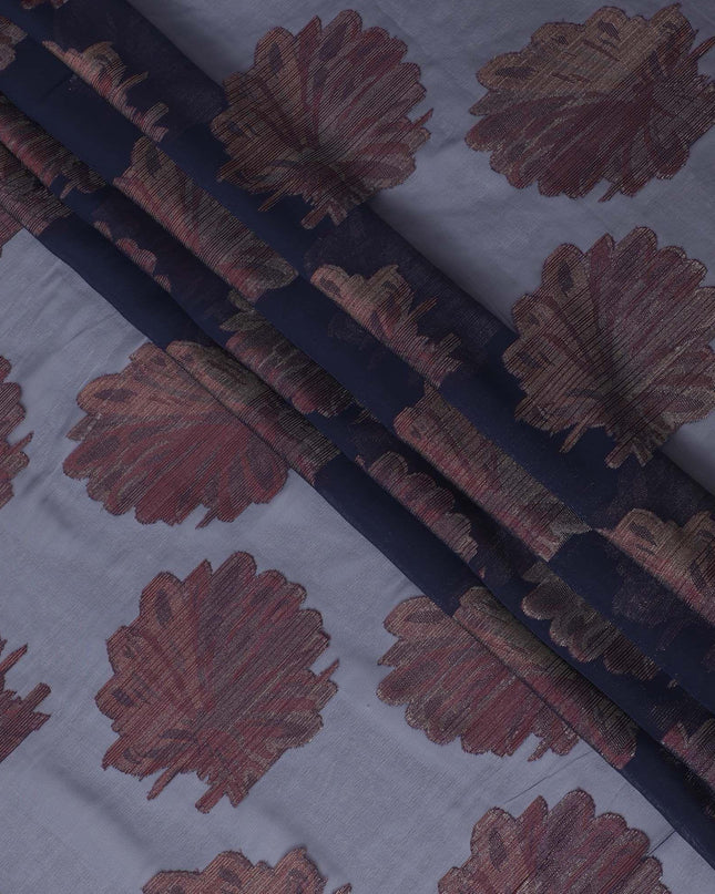 Navy blue synthetic chiffon fabric with crimson red viscose and gold metallic lurex in floral design-D11899 Regal Fabrics