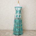 Gold nylon tulle fabric with turquoise blue embroidery having stone work in fancy design-D11803