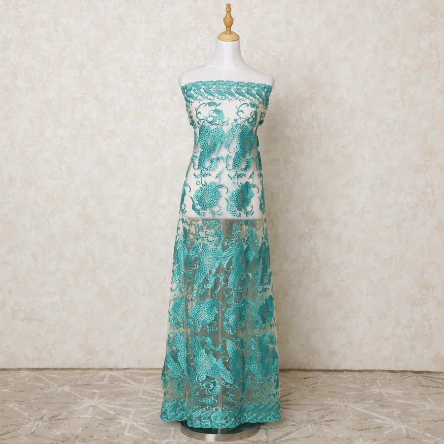 Gold nylon tulle fabric with turquoise blue embroidery having stone work in fancy design-D11803