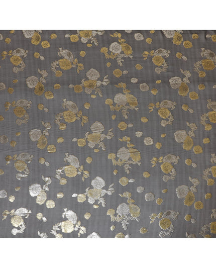 Black pure silk chiffon fabric with gold and silver metallic lurex in floral design-D7463