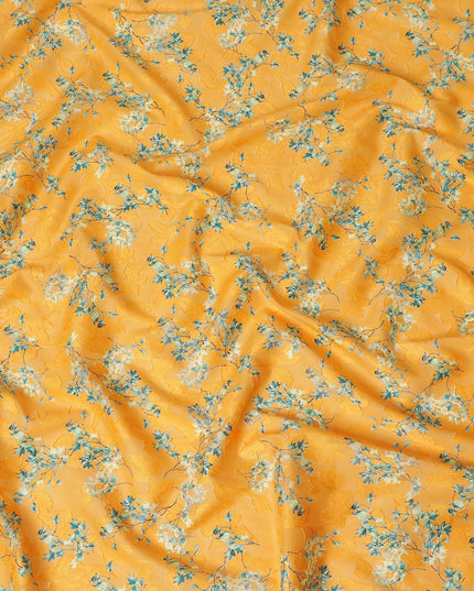 Malta orange uragiri cotton voile fabric with same tone jacquard having forest green and black print in floral design-D14331