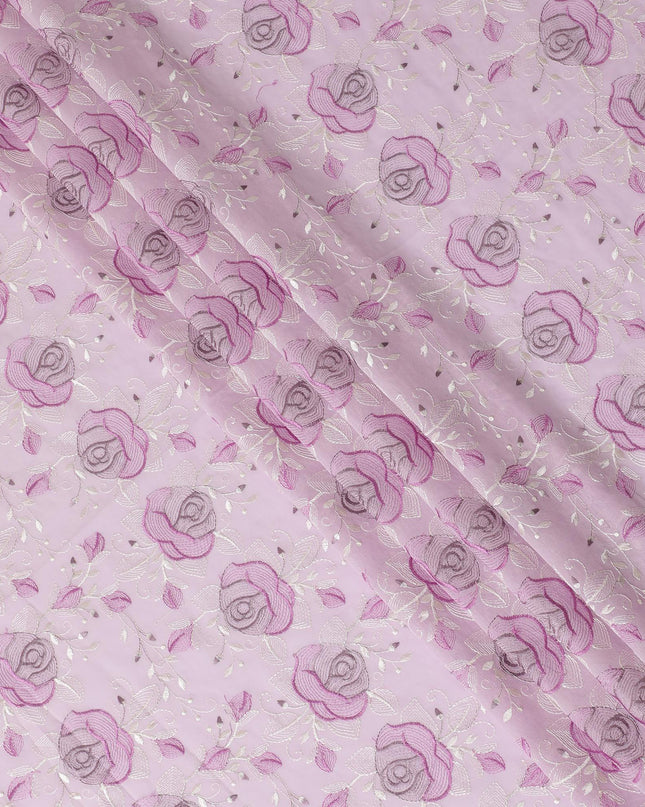 Baby pink Premium pure cotton voile fabric with lavender pink and beige embroidery in floral design-D15253