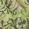 Lime green premium pure silk chiffon fabric with black flock having glitter and gold metallic lurex in floral design-D13717