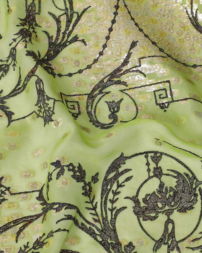 Lime green premium pure silk chiffon fabric with black flock having glitter and gold metallic lurex in floral design-D13717