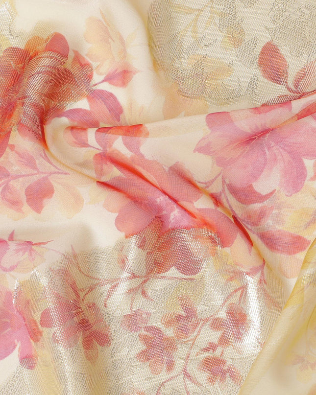 Beige premium pure silk chiffon fabric with brick pink, salmon print having gold metallic lurex in floral design-D10784