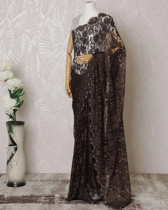 Mocha brown Premium pure French chantilly lace saree having stone work in floral design-D14595 Regal Fabrics