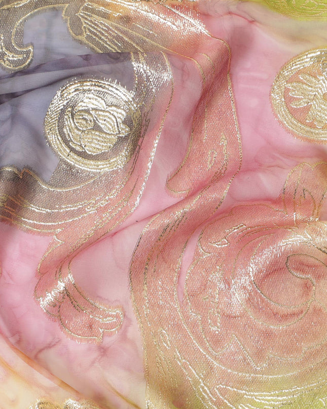 قماش شيفون حريري فرنسي (فرنساوي) فاخر متعدد الألوان مع لوركس معدني ذهبي بتصميم زهور-D14122