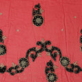 Fire brick red nylon tulle fabric with black velvet flock having golden bead work and stone work in floral design