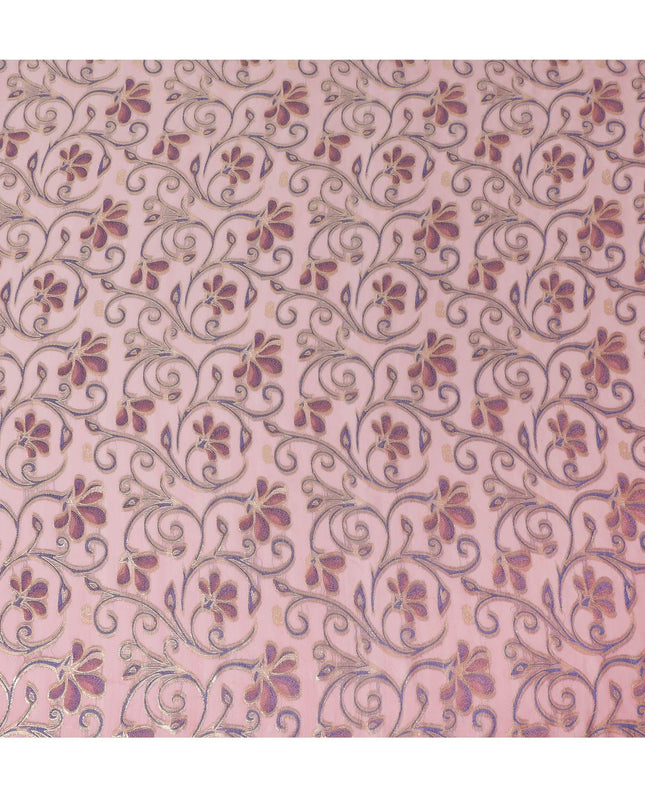 Hot pink Premium pure changent silk chiffon fabric with same tone, blue viscose having gold metallic lurex in floral design-D14643