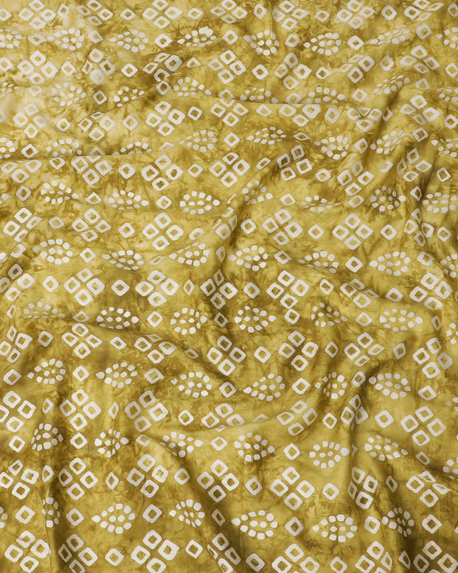 Olive green cotton lawn fabric with white print in geometric design-D14254 Regal Fabrics
