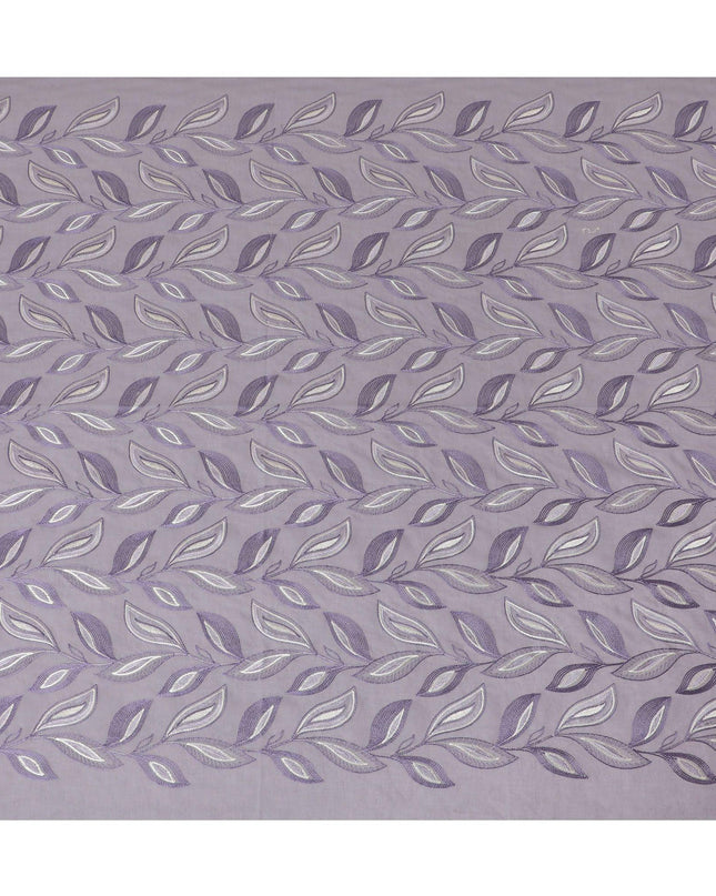 Light Lavender Premium pure cotton voile fabric with purple and beige embroidery in Leaf design-D15236