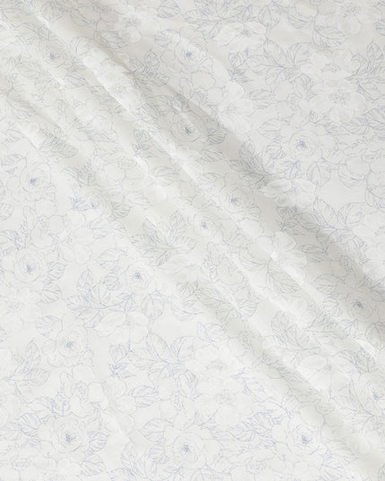 قماش الكتان الإيطالي النقي الفاخر باللون الأبيض الفاتح مع طباعة باللونين الأزرق والأبيض بتصميم الأزهار-D13995