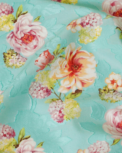 Vista blue uragiri cotton voile fabric with same tone jacquard having olive green, cerise pink, peach and off white print in floral design-D7342 Regal Fabrics