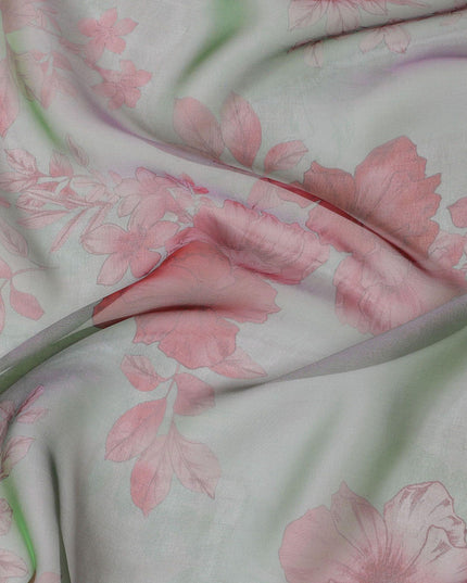 Hunter green premium pure silk chiffon fabric with cerise pink print in floral design-D10633