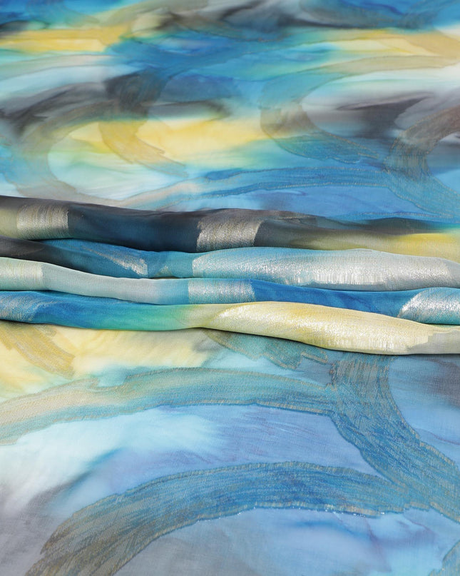 قماش شيفون من الحرير الخالص متعدد الألوان مع لوريكس معدني ذهبي بتصميم تجريدي-D9697