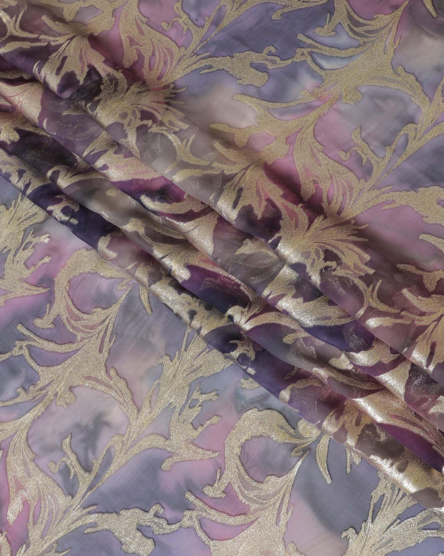 شيفون من الحرير الخالص متعدد الألوان مع لوريكس معدني ذهبي بتصميم أوراق الشجر -D11387