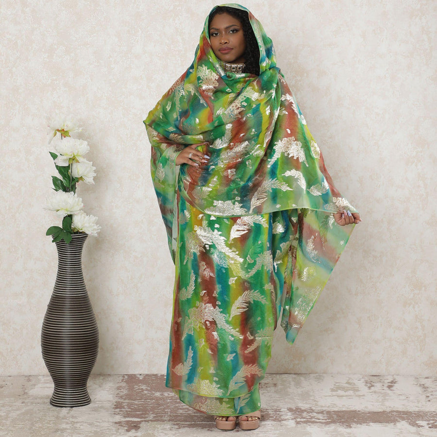 Multicolor Premium pure silk chiffon thobe with gold metallic lurex in floral design-D14348 Regal Fabrics