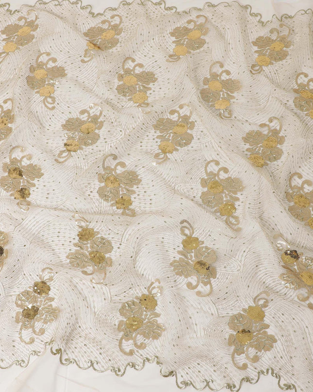 Dunmore cream nylon tulle fabric with gold metallic embroidery copper and gold sequins in floral design Regal Fabrics