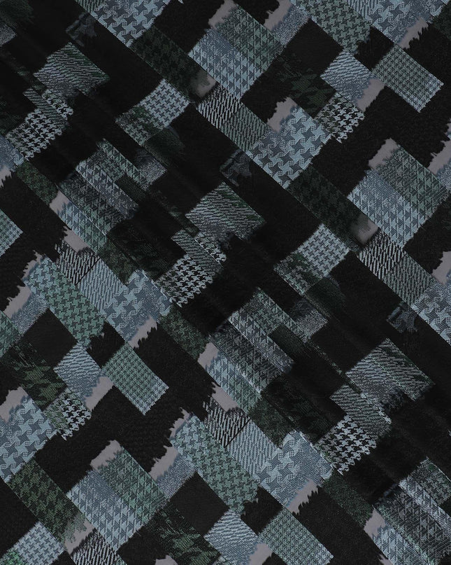Black premium pure French (Fransawi) silk chiffon fabric with same tone and grey viscose having forest green metallic lurex in checks design-D14224