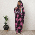 Black Premium cotton voile thobe with magenta pink print in floral design-D11605