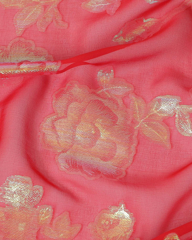 قماش شيفون من الحرير الخالص باللون الأحمر القرمزي مع لوركس معدني أخضر نيون بتصميم زهور-D12418
