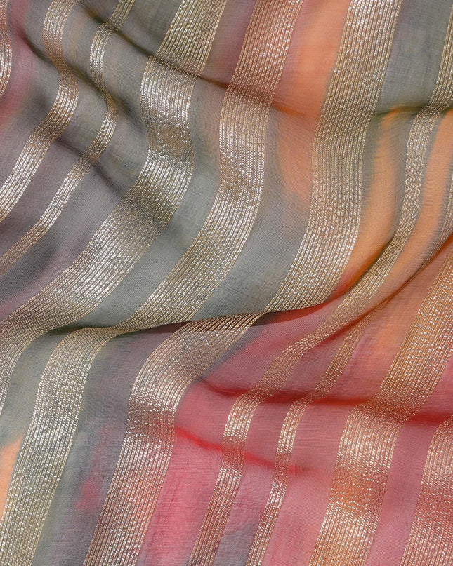 قماش شيفون حريري فاخر مطبوع يدويًا متعدد الألوان مع لوركس معدني ذهبي بتصميم مخطط-D12395