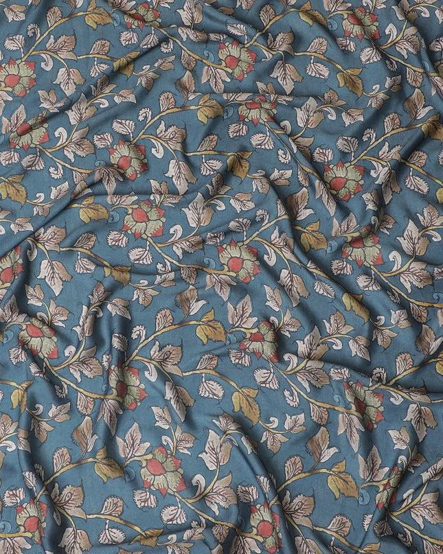 Steel grey synthetic modal satin fabric with multicolor print in floral design-D15016 Regal Fabrics