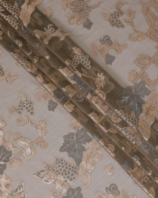 قماش شيفون حريري فرنسي (فرنساوي) فاخر باللون البني الزيتوني مع الفيسكوز الرمادي والوركس المعدني البني بتصميم الأزهار-D14278