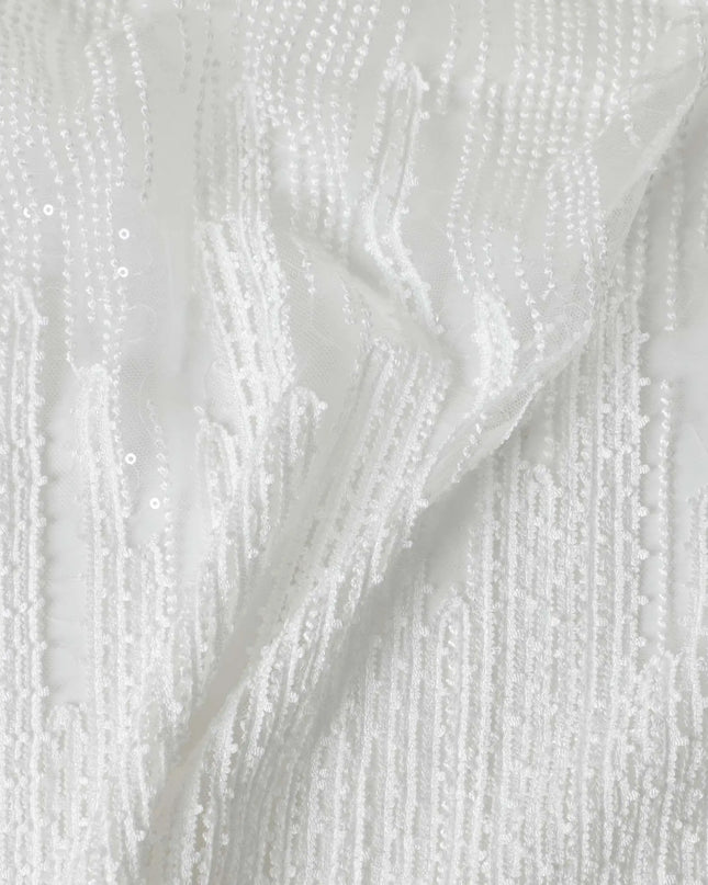 White nylon tulle fabric with same tone embroidery and sequins in fancy design-D6011 Regal Fabrics