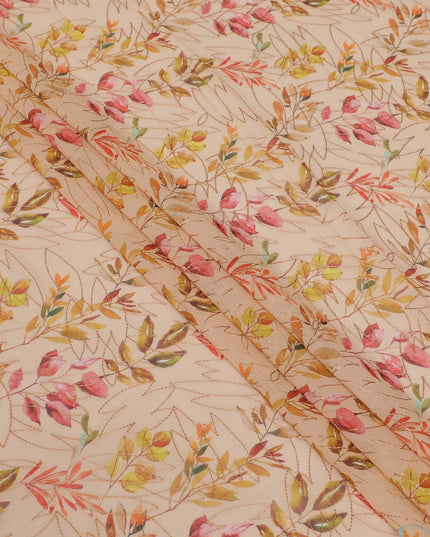 Light brown Premium pure cotton voile fabric with same tone embroidery having multicolor print in Leaf design-D13243