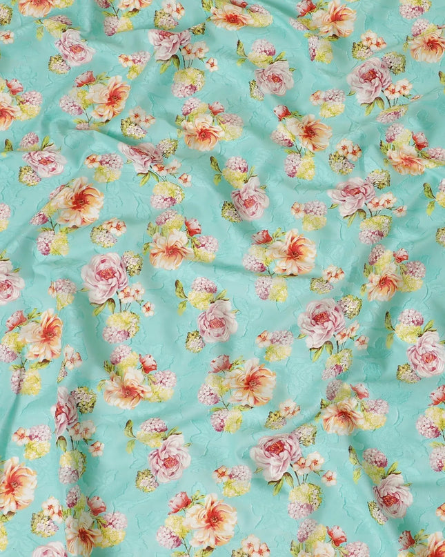 Vista blue uragiri cotton voile fabric with same tone jacquard having olive green, cerise pink, peach and off white print in floral design-D7342 Regal Fabrics