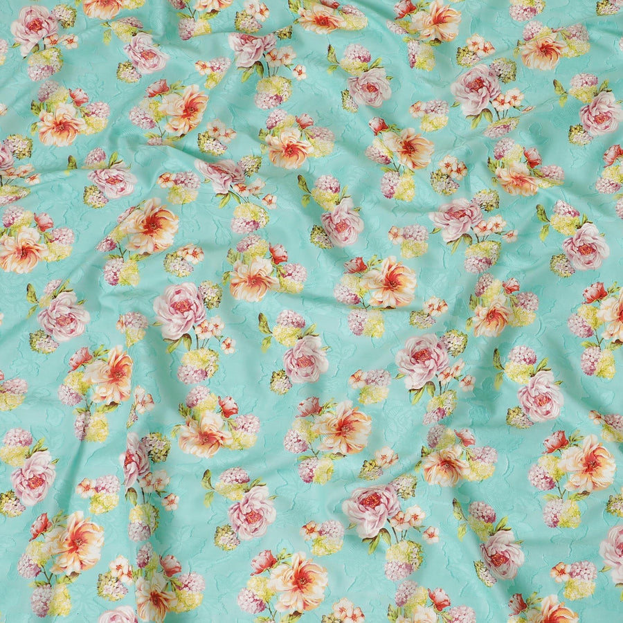 Vista blue uragiri cotton voile fabric with same tone jacquard having olive green, cerise pink, peach and off white print in floral design-D7342 Regal Fabrics