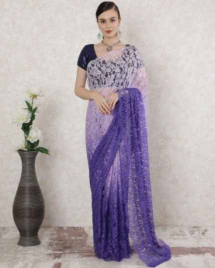 Light Lilac to purple Premium pure French chantilly lace saree in ombre design-D14531