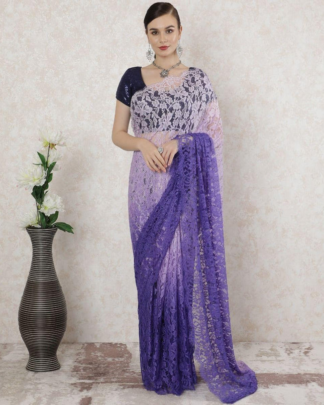 Light Lilac to purple Premium pure French chantilly lace saree in ombre design-D14531