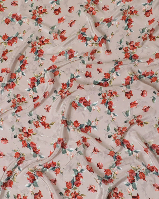 Pale brown synthetic crepe fabric with multicolor print in floral design-D14457 Regal Fabrics