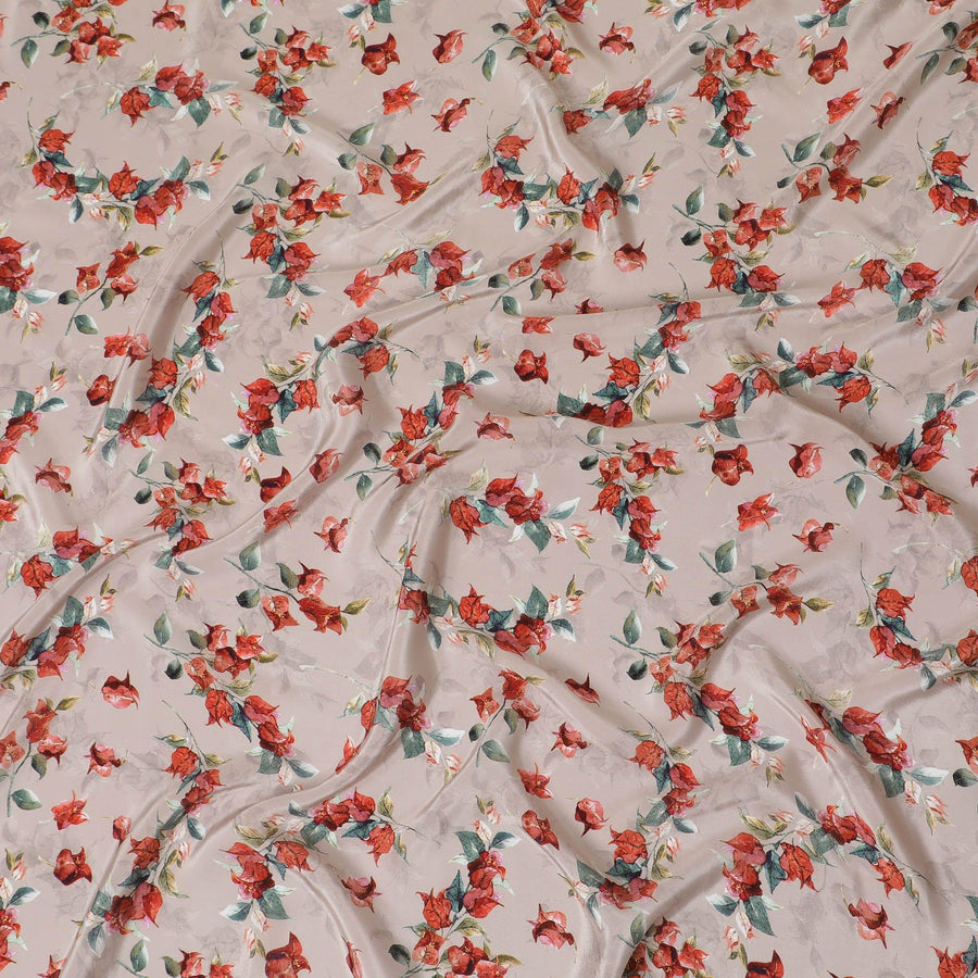 Pale brown synthetic crepe fabric with multicolor print in floral design-D14457