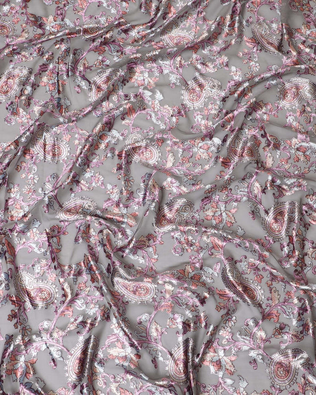 قماش شيفون صناعي رمادي اللون مع طباعة مخملية متعددة الألوان بتصميم زهور-D14171