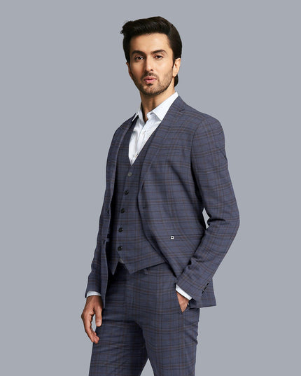 Indigo blue Premium Super 130's Italian blended wool suiting fabric with brown checks design-D10818
