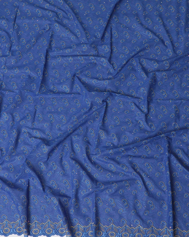 Royal blue Premium pure 100% Swiss cotton voile (Sudanese Thobe) fabric with same tone and gold embroidery having stone work in fancy design-D13796