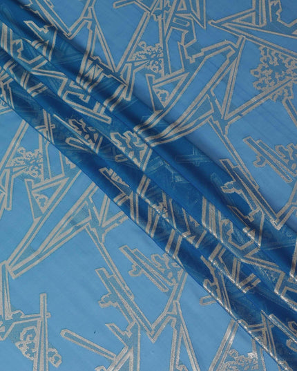 Blue Premium pure silk chiffon fabric with gold metallic lurex in abstract design-D13844