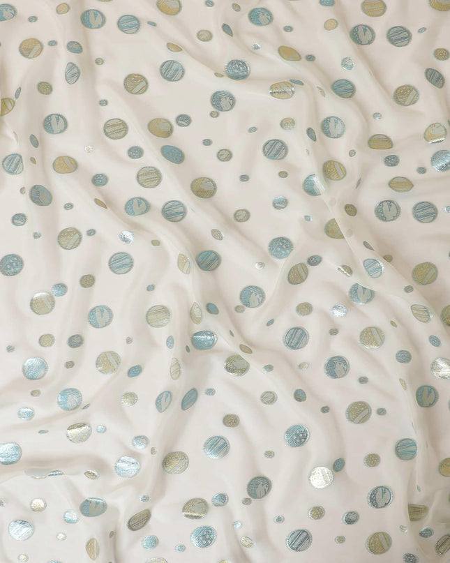 Ivory Premium pure silk chiffon fabric with blue and gold metallic lurex in geometric design-D9115