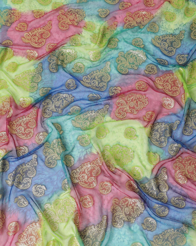 قماش شيفون حريري فرنسي (فرنساوي) فاخر متعدد الألوان مع لوركس معدني ذهبي بتصميم زهور-D14014