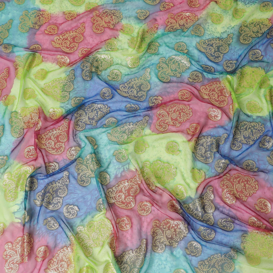 قماش شيفون حريري فرنسي (فرنساوي) فاخر متعدد الألوان مع لوركس معدني ذهبي بتصميم زهور-D14014
