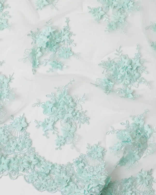 Powder blue nylon tulle fabric with same tone embroidery, pearls having turquoise green 3d flowers in floral design-D7743 Regal Fabrics