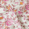 Mint green cotton satin fabric with pink, peach and brown print in floral design-D15287 - Regal Fabrics