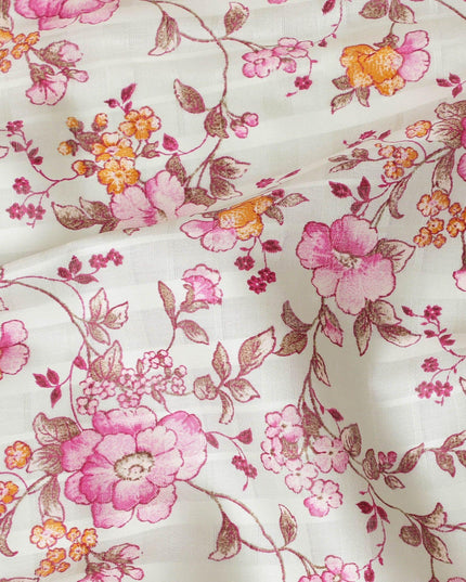 Mint green cotton satin fabric with pink, peach and brown print in floral design-D15287 - Regal Fabrics