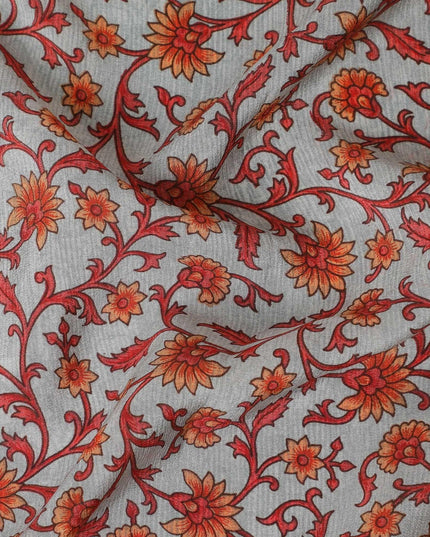 Cloud grey premium pure silk crepe fabric with pumpkin orange and red print in floral design-D12075